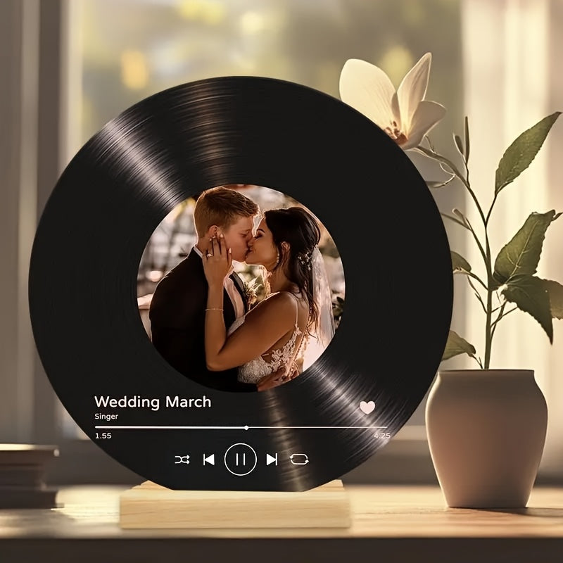 Rectangular Wooden Based Personalized Vinyl Record Photo Display - A Vertical Acrylic Frame perfect for Wedding, Anniversary, Birthday, Valentine's Day, Christmas Gift featuring a Single Picture with a Polished Finish.