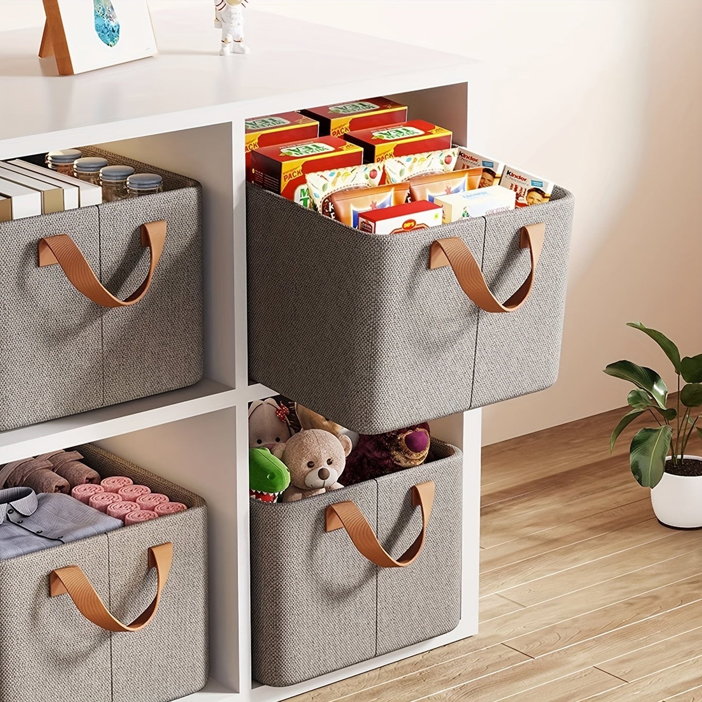 Keep your home organized with this set of four storage boxes, perfect for storing clothes, quilts, underwear, and bedding sets. These boxes can be easily folded when not in use and feature a stylish gray fabric design. An essential item for closet