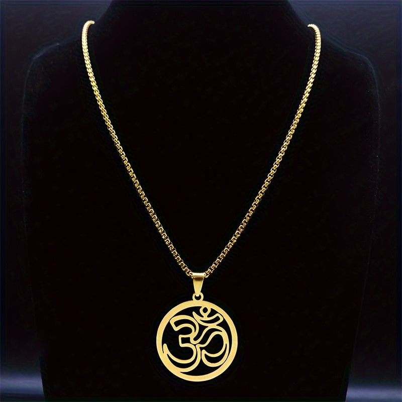 Stainless Steel Yoga Om Symbol Pendant Necklace - Elegant Buddhist Emblem Jewelry for Everyday Wear and Gift Giving