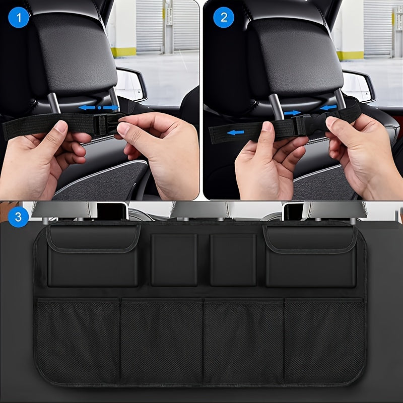 1pc Durable Polyester Car Trunk & Seat Organizer with 8 pockets and adjustable straps for organizing tools, bottles, and accessories.