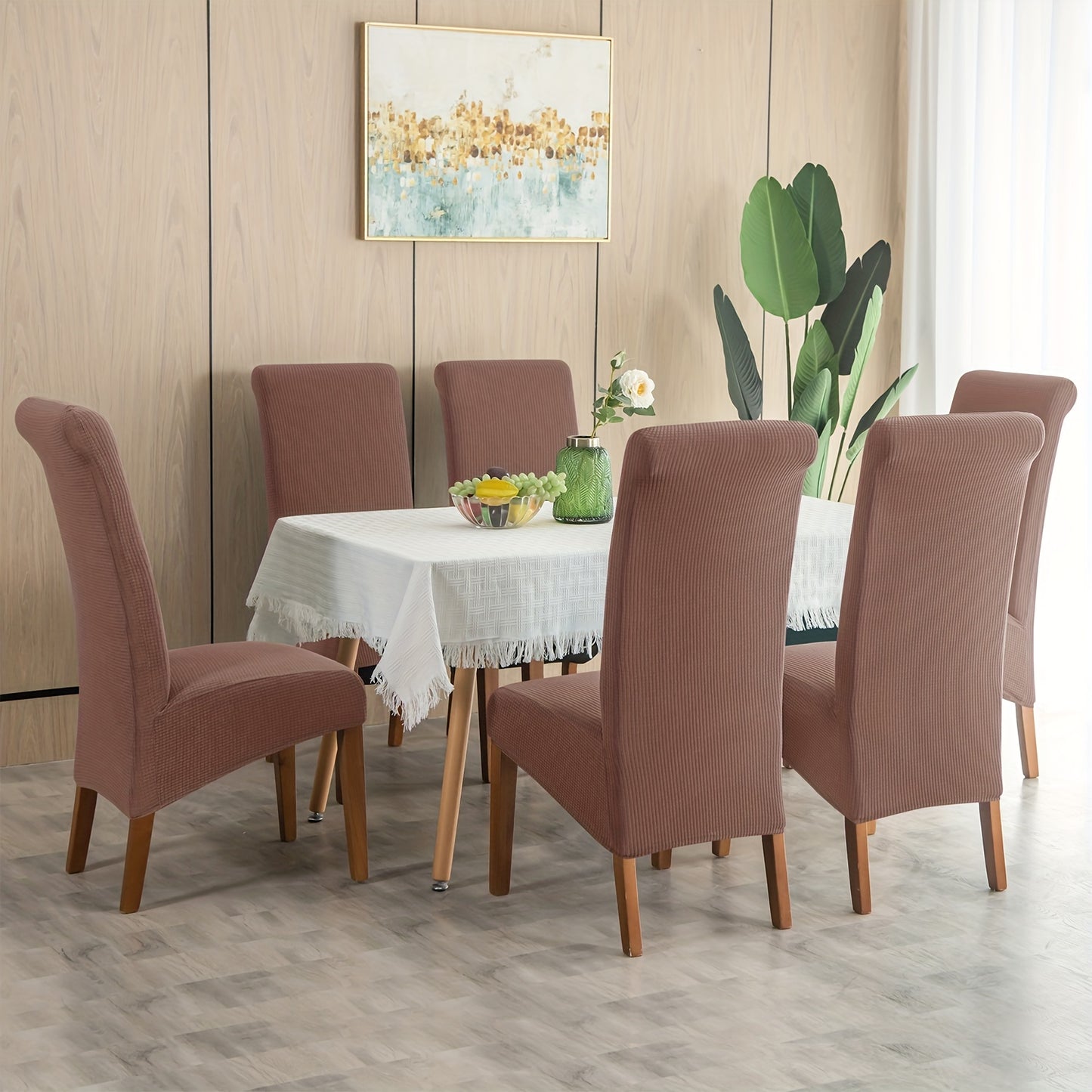 Water resistant dining chair slipcover for large chairs. Spill-proof and elastic, suitable for dining room, weddings, ceremonies, and banquets.