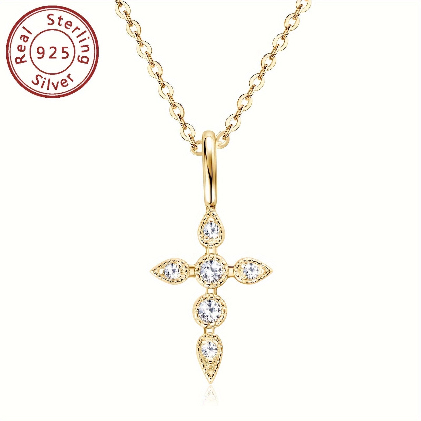 A stunning Mozambique stone cross necklace featuring a 925 sterling silver cross pendant. The necklace is decorated with a round Mozambique stone, measuring 40+5cm/16+2 inches in length. The silvery weight of the necklace is 2.29g, with the Mozambique