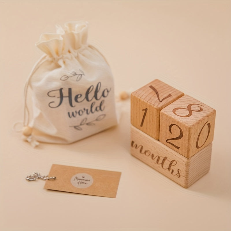 Wooden Milestone Blocks Set - Perfect for Full Moon Photo Props, Celebrating Growth Milestones, Preserving Birth Month Memories. The set includes light brown wood blocks and a cute "Hello World" drawstring bag.