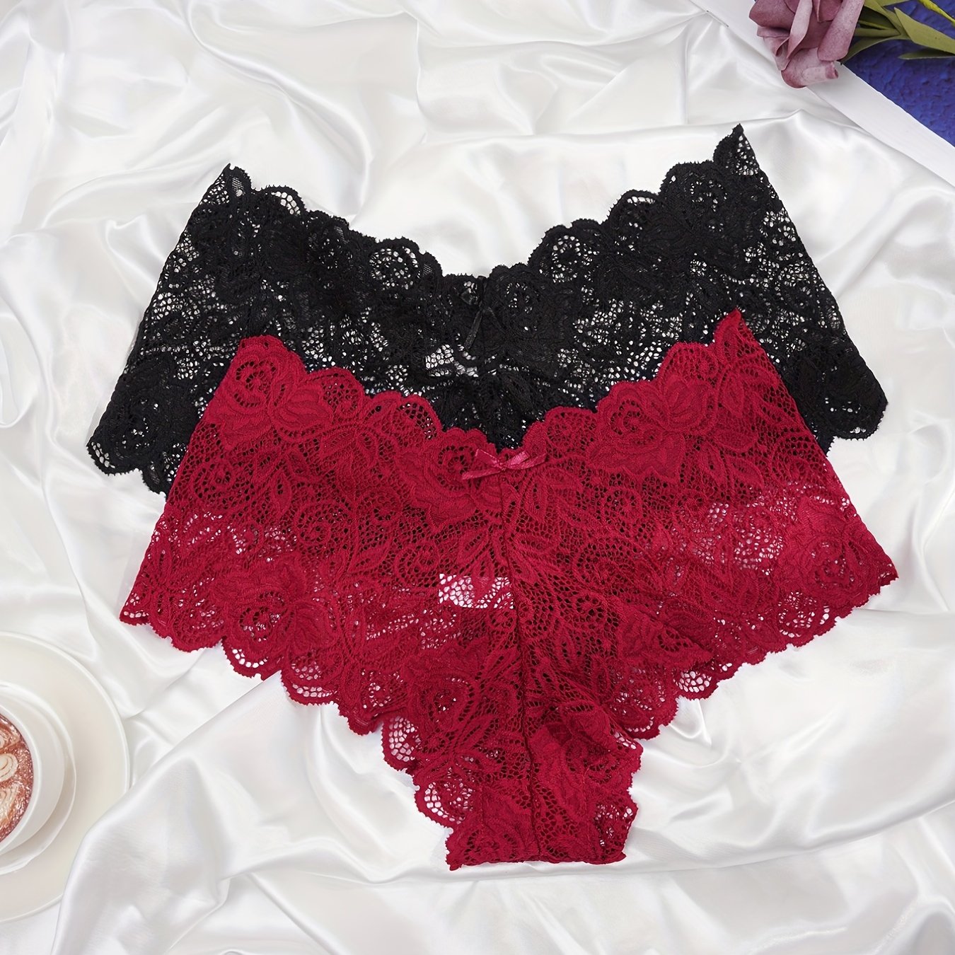 Set of 2 Floral Lace Panties, Comfy and Breathable with Scallop Trim