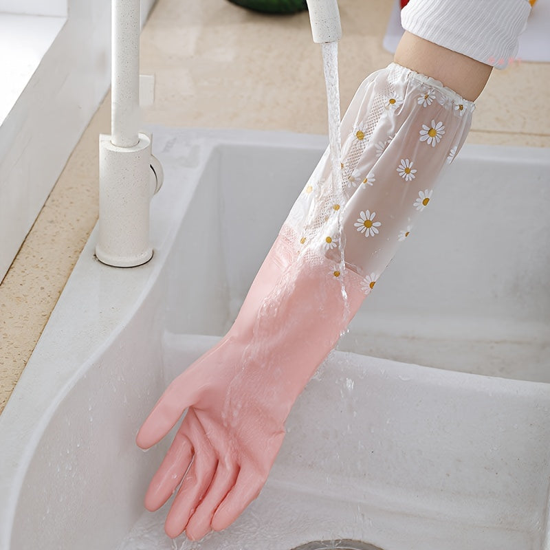 One pair of long-sleeve rubber gloves for dishwashing, reusable for kitchen, oven, and pet cleaning.