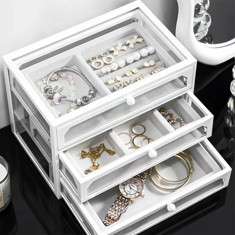 Luxurious Velvet Acrylic Jewelry Storage Box with 3 Drawers, Stackable and Displayable, Ideal for Women's Accessories.