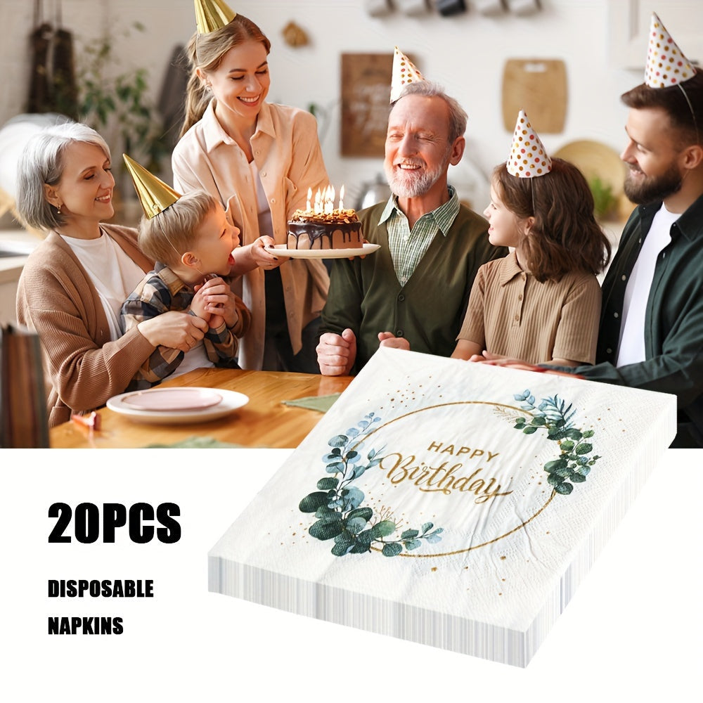 Celebrate in style with this pack of 20 Happy Birthday disposable napkins! Each napkin measures 33.02x33.02 cm and is made with double-layered paper for added durability. Perfect for parties and celebrations.