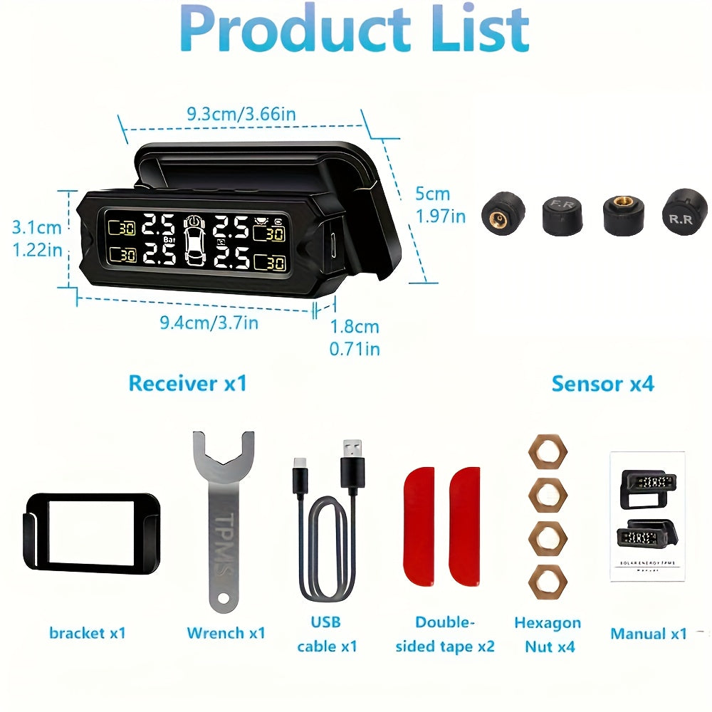 Solar-powered TPMS for accurate monitoring of wheel gas pressure, easily installed on vehicle glass.