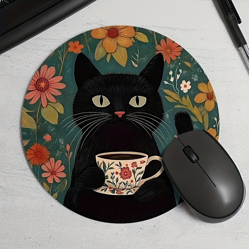 Black Cat with Orange Cup Design Mouse Pad - Durable, Waterproof, Non-Slip Mat for Office & Gaming. Perfect Desk Pad for Gamers and Professionals, with Whimsical Design and Waterproof