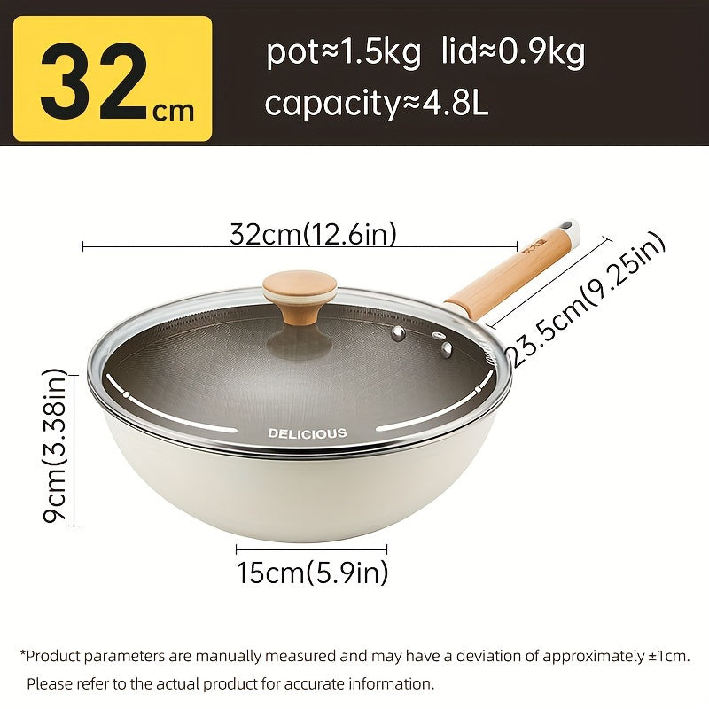 The COOKER KING Chef's Pan is a non-stick wok with a Titanium coating and stainless steel construction for healthy cooking. It features multi-layer construction, no chemical coating, and is PTFE & PFOA free. The pan is also induction compatible and comes