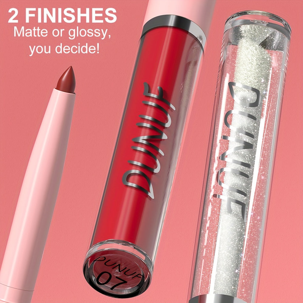 3-piece lip set with durable, waterproof, and sweat resistant formulas that are easy to apply and long-lasting. Includes lip gloss, lip liner, and lip glaze for a matte finish.