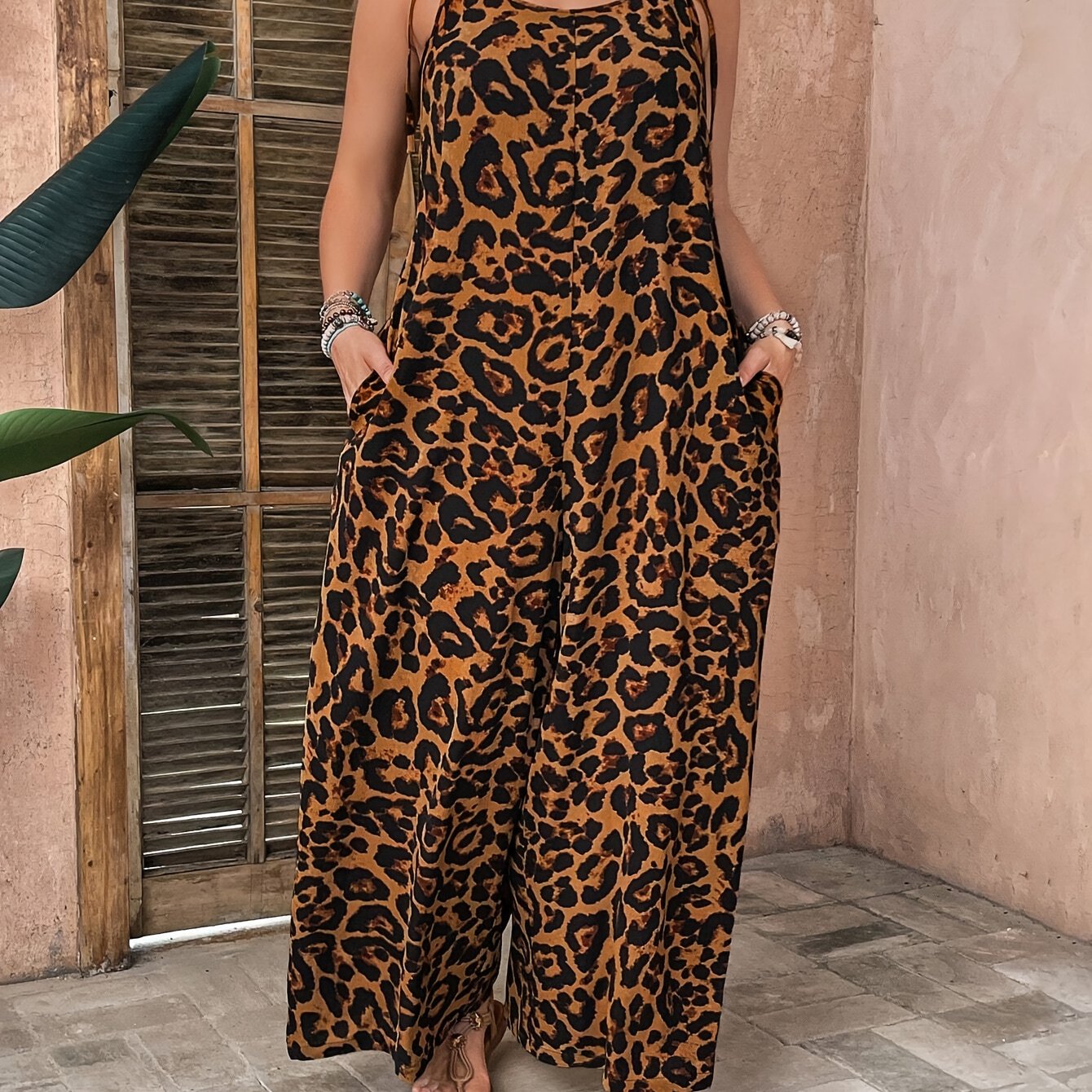 Plus Size Leopard Print Jumpsuit - Scoop neck, knit fabric with stretch, 100% polyester, all-season with pockets, 165 g/m².