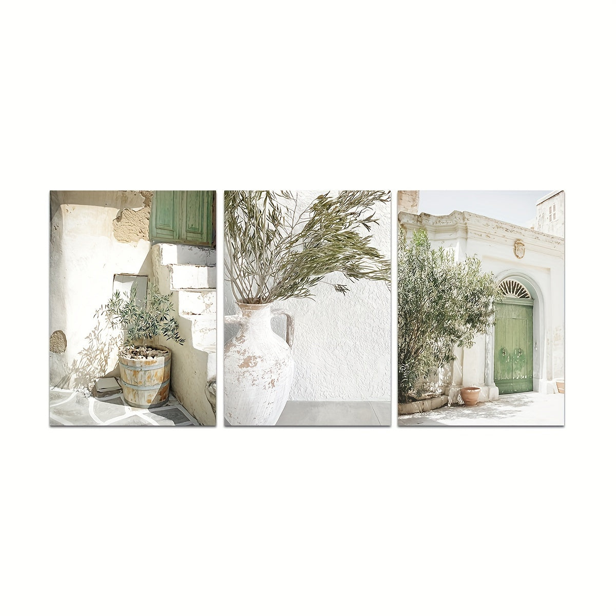 3 olive tree landscape art prints for modern rustic wall decor, featuring a spring/summer leaf pattern. Ideal for living room, bedroom, or dining area. Frameless, portrait orientation.