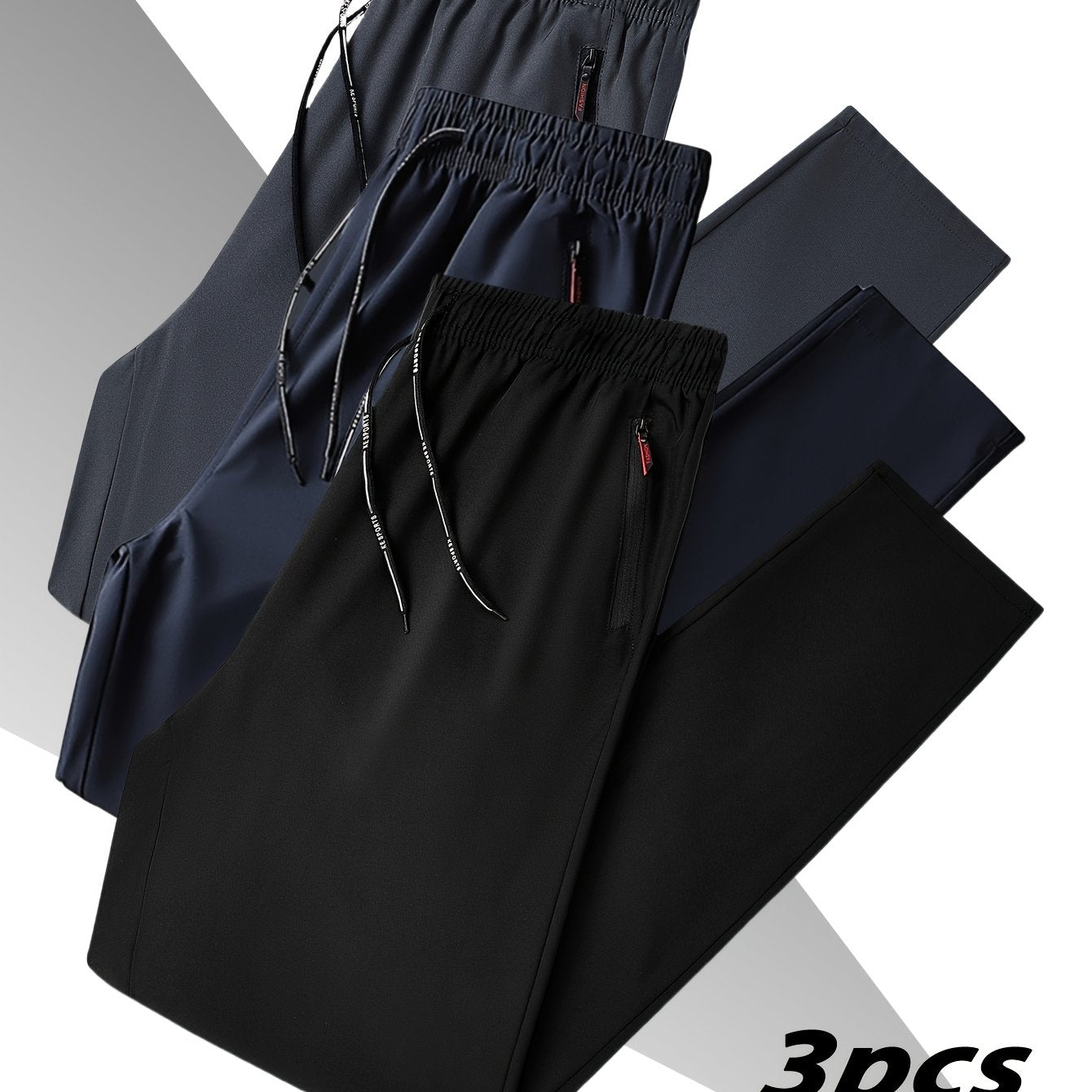 Three men's large size casual trousers for training, fitness, and sports. Plus size and simple design.