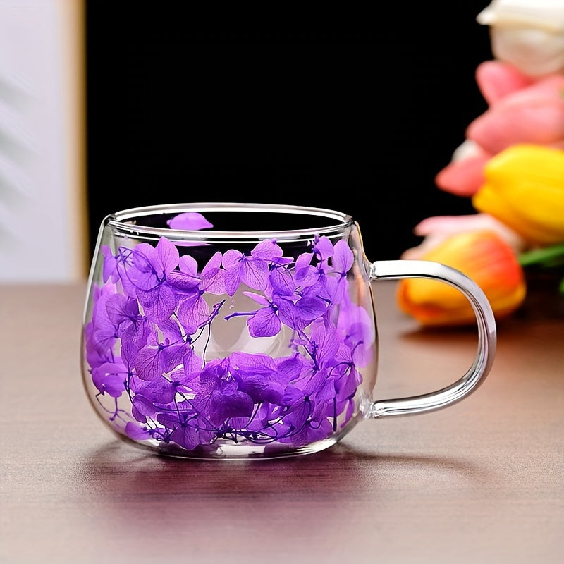 Floral double-walled glass coffee mug, 5oz - insulates hot and cold drinks. Suitable for latte, cappuccino, and iced tea. Reusable, dishwasher safe for home, office, and restaurant use.