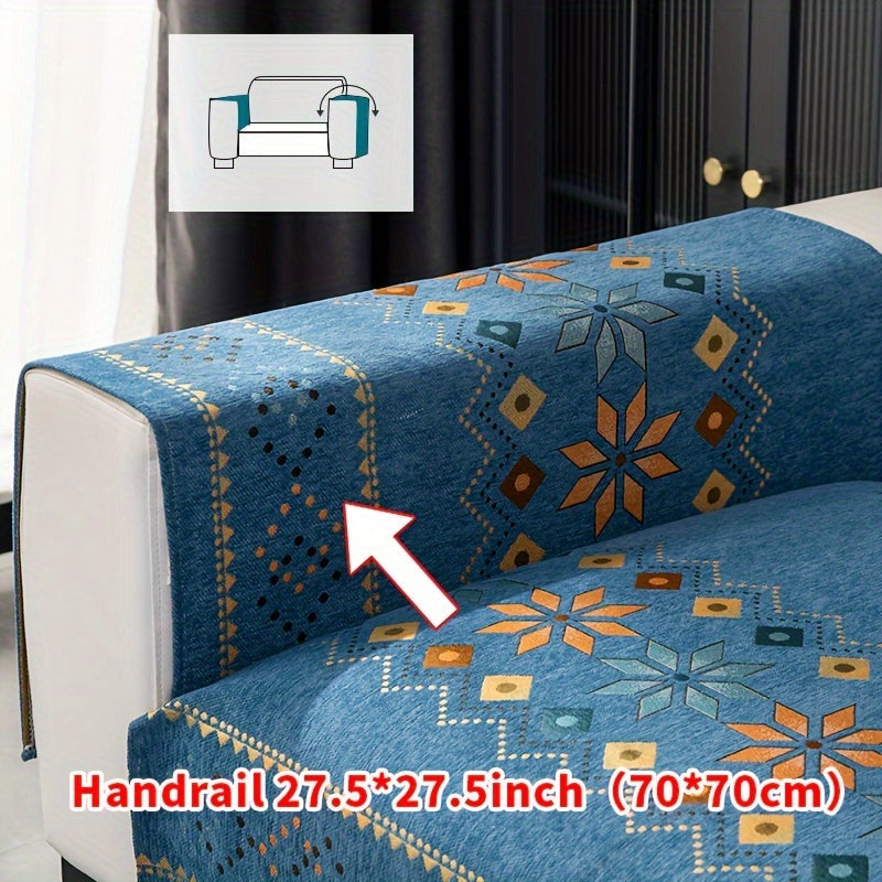 Bohemian four seasons chenille sofa cover with geometric embroidered pattern, offers sofa protection and non-slip feature for home decoration in bedroom, office, and living room.