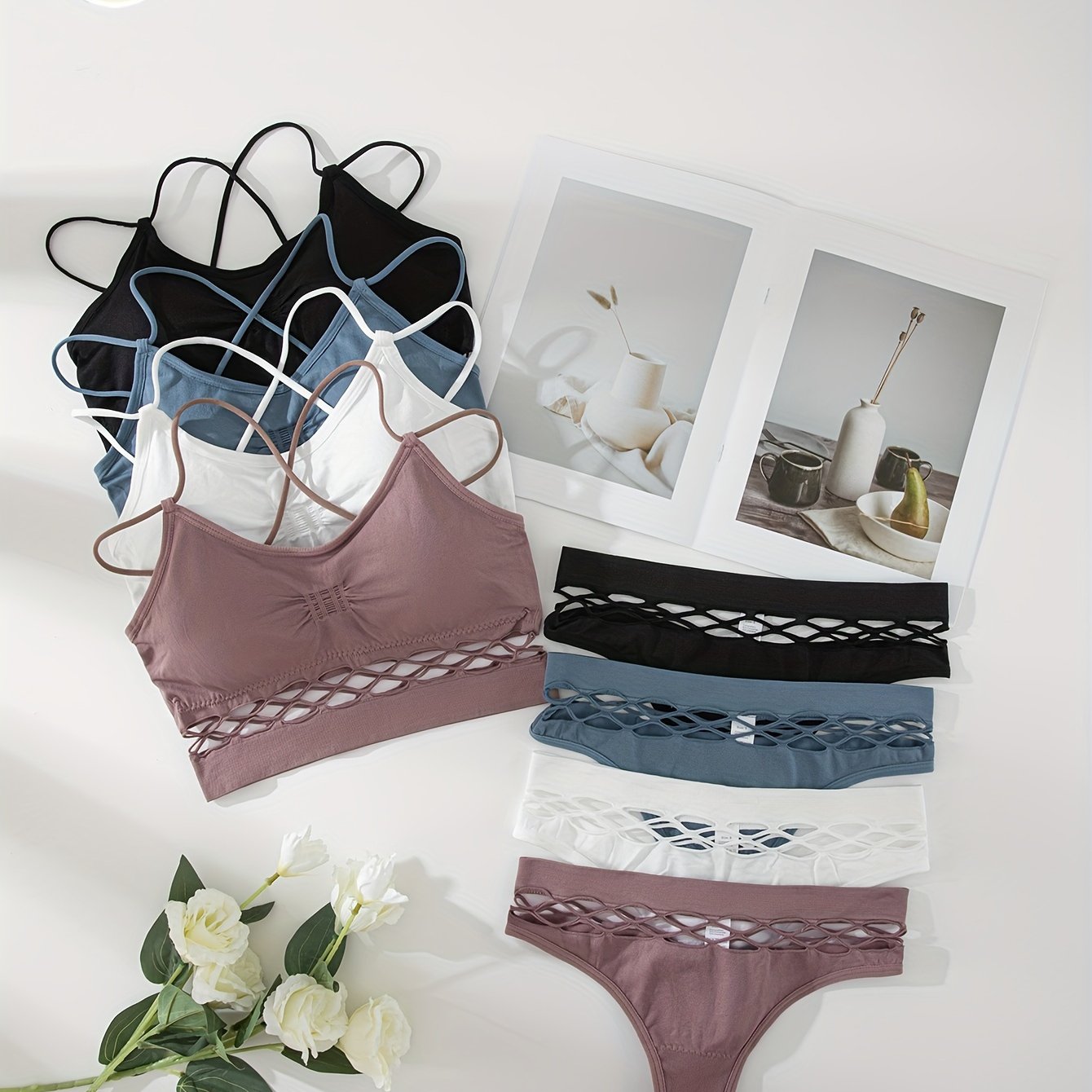 8-piece women's underwear set with removable cups, high support, bralette, and low-rise triangle underwear in different colors.