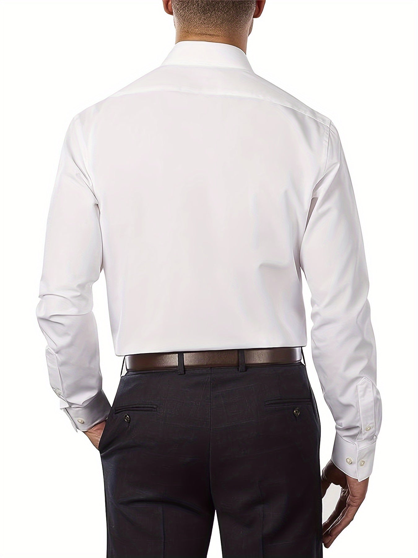 Men's classic solid color long sleeve dress shirt, made of 40% cotton and 60% polyester blend. Features a button-up closure, lapel collar, and regular fit. Ideal for mature men and suitable