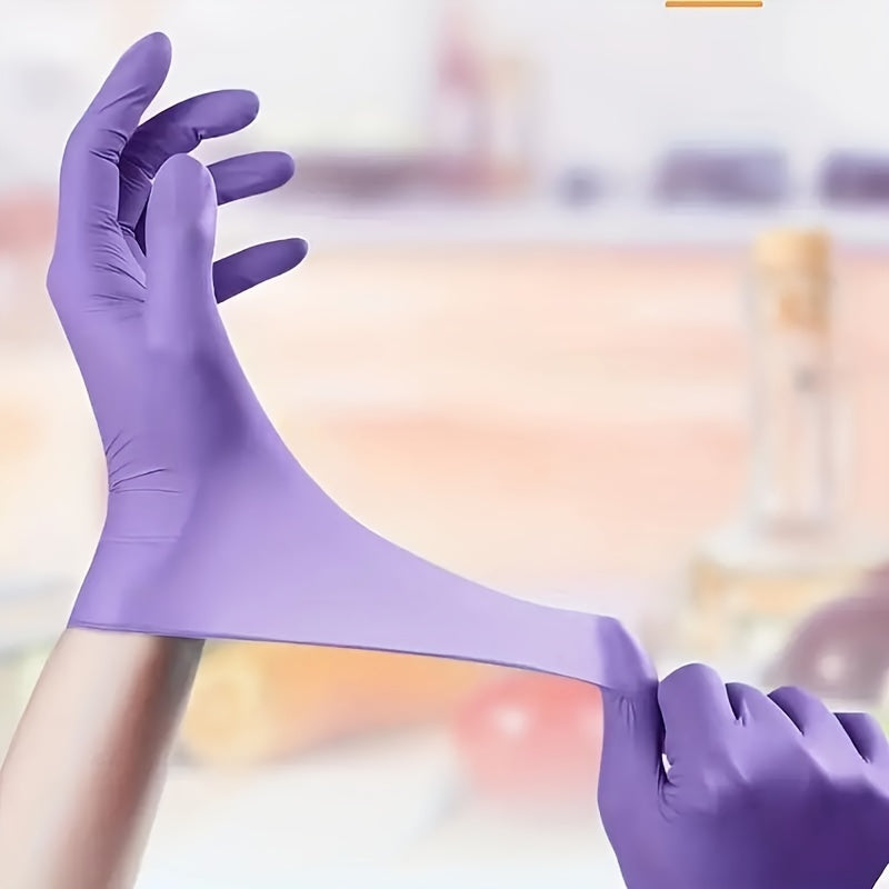 Disposable nitrile gloves available in packs of 50 or 100. These durable gloves are perfect for household cleaning tasks. Waterproof and suitable for use in kitchens, tattooing, hair dyeing, pet care, beauty salons, and other cleaning needs. A must-have