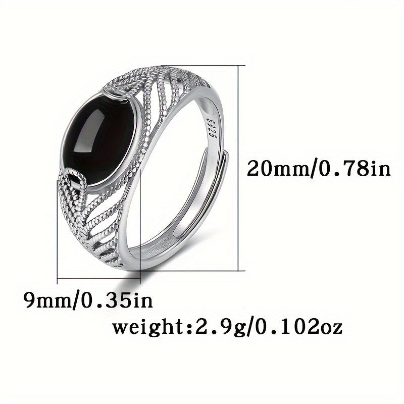 A chic open ring for women featuring a sophisticated Gothic style with imitation jade and black agate, weighing 2.9g and crafted in 925 silver. Perfect for everyday wear or vacations.