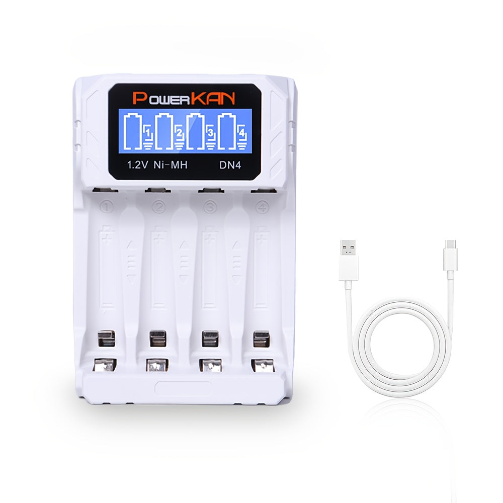 The PowerKAN Compact 4-Slot Smart Charger charges AA/AAA Ni-MH/Ni-Cd Batteries with USB Type-C, LCD Display, Overcharge Protection, Black or White, Portable.