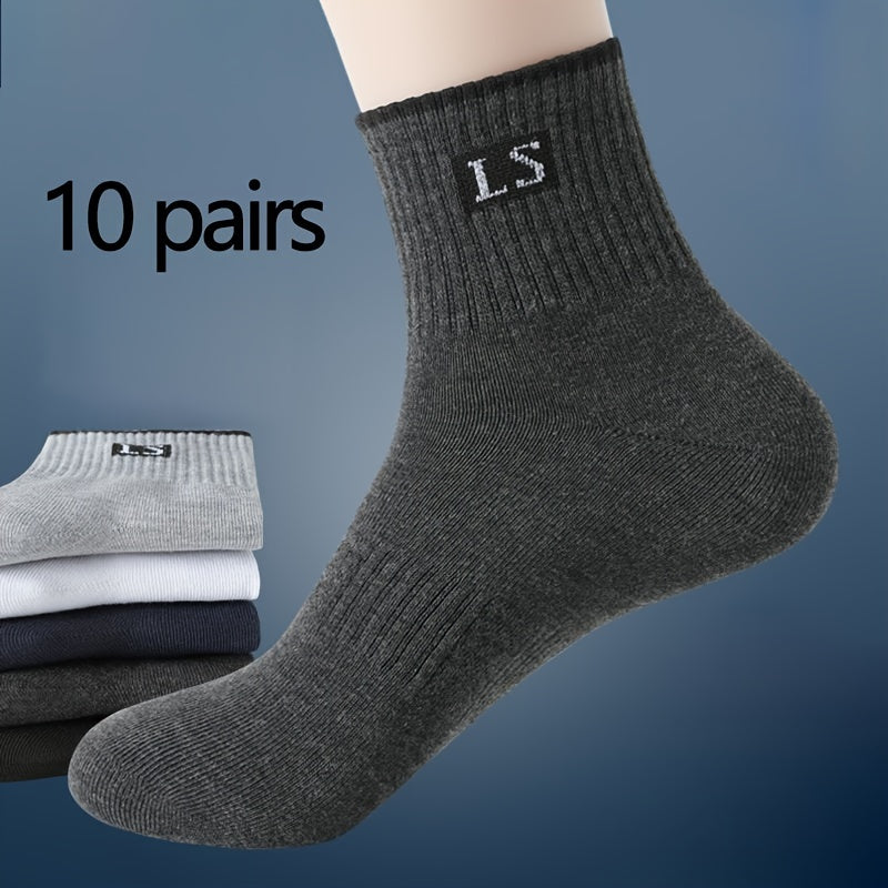 10 pairs of men's trendy solid crew socks, perfect for outdoor wearing in all seasons.