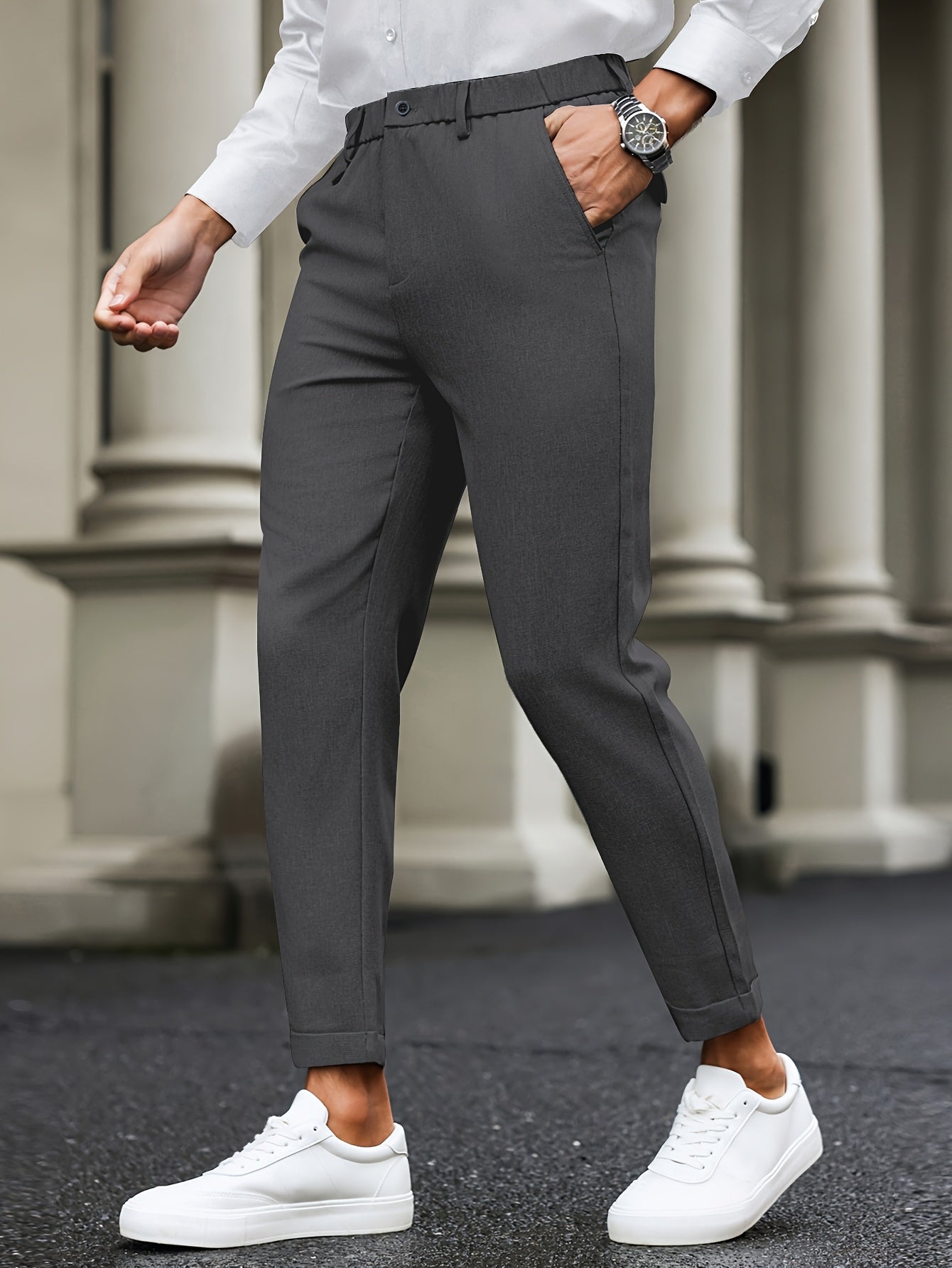 1pc Men's Elastic Waist Casual Pants, suitable for all seasons, perfect for business fashion commute, straight leg.