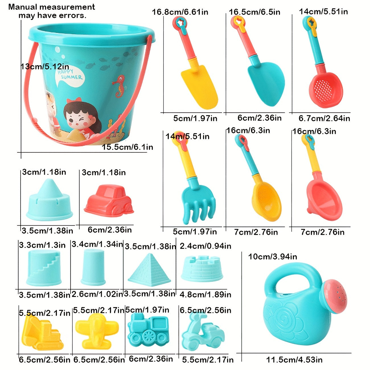 Beach toy set for kids with sand timer, big shovel, bucket, and other tools for playing in the water and sand. Great for babies and children.