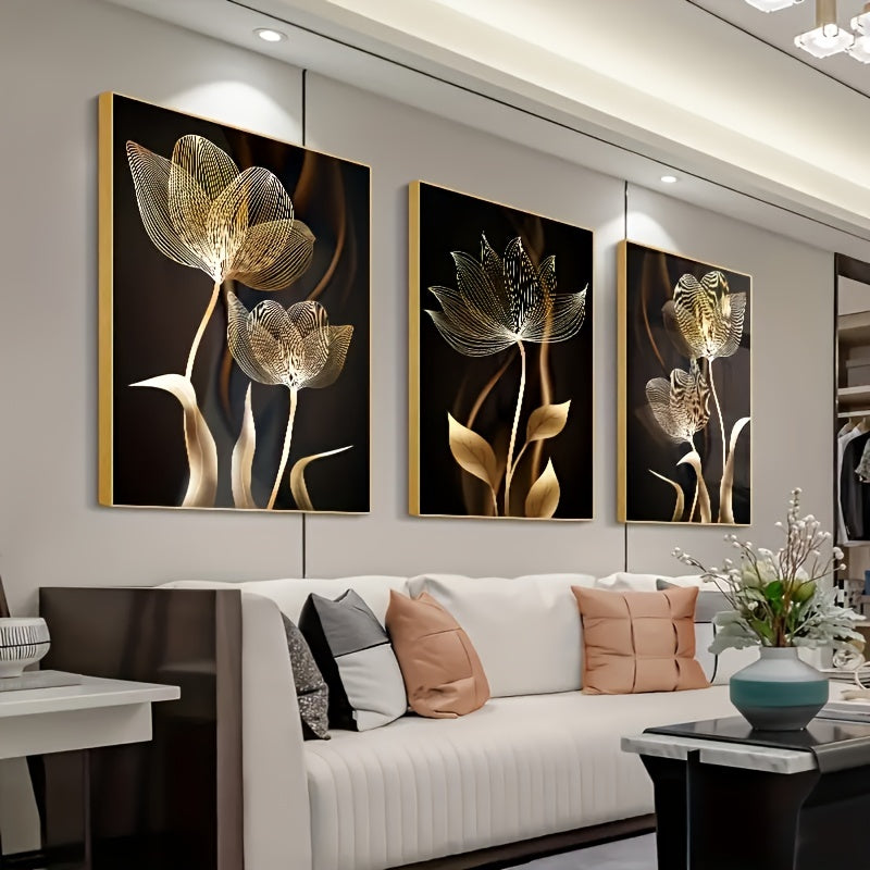 Set of 3 luxury canvas print posters featuring golden flower artwork for various rooms, no frames included.