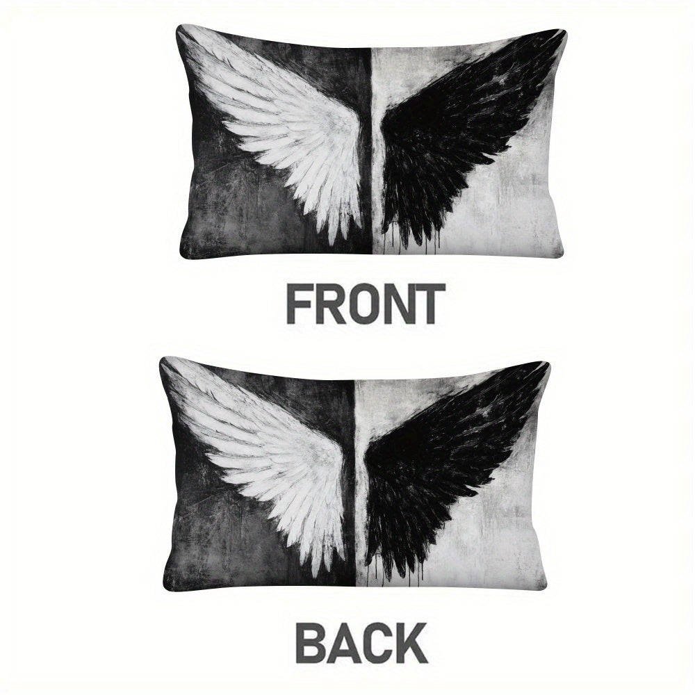 Set of Two Contemporary Black and White Angel Wings Pillow Covers, Casual Polyester Square Cushion Cases with Zipper Closure, Easy to Clean in Washing Machine, Versatile Decorative Pillowcases for Sofa, Bed, or Outdoor Use - Filler Not Included