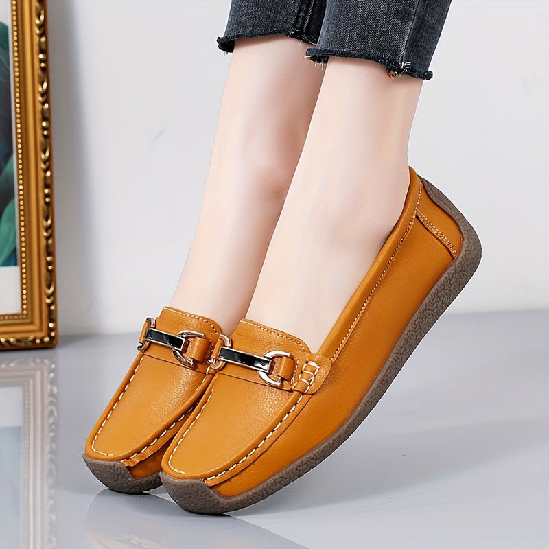 Women's metal decor loafers, casual slip-on flat shoes with lightweight faux leather material.