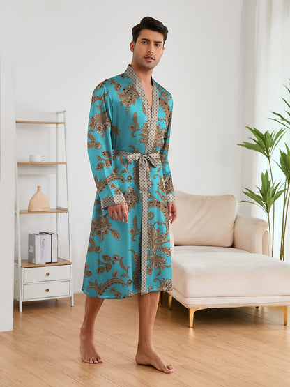 Men's elegant and light luxury pajama set with stylish floral print, featuring a V-neck long sleeve robe and shorts for home wear.