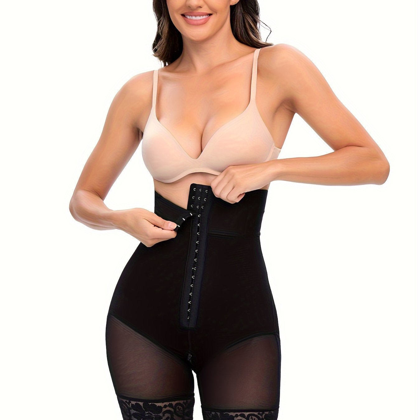 Buckle high waist shapewear with lace edges and leg shorts for belly and hip lift.