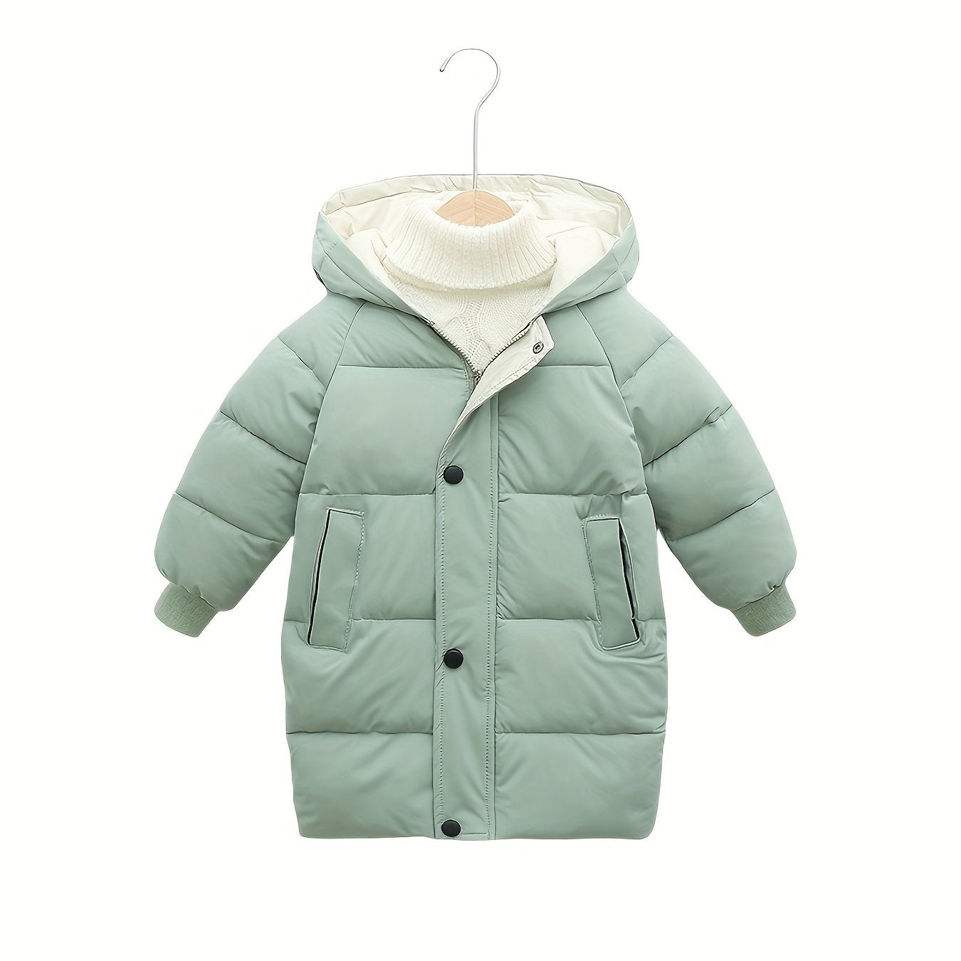 Unisex mid-length hooded padded coat with solid color polyester outerwear, crew neck, long sleeves, and zipper details. Ideal for fall/winter, perfect gift for kids.