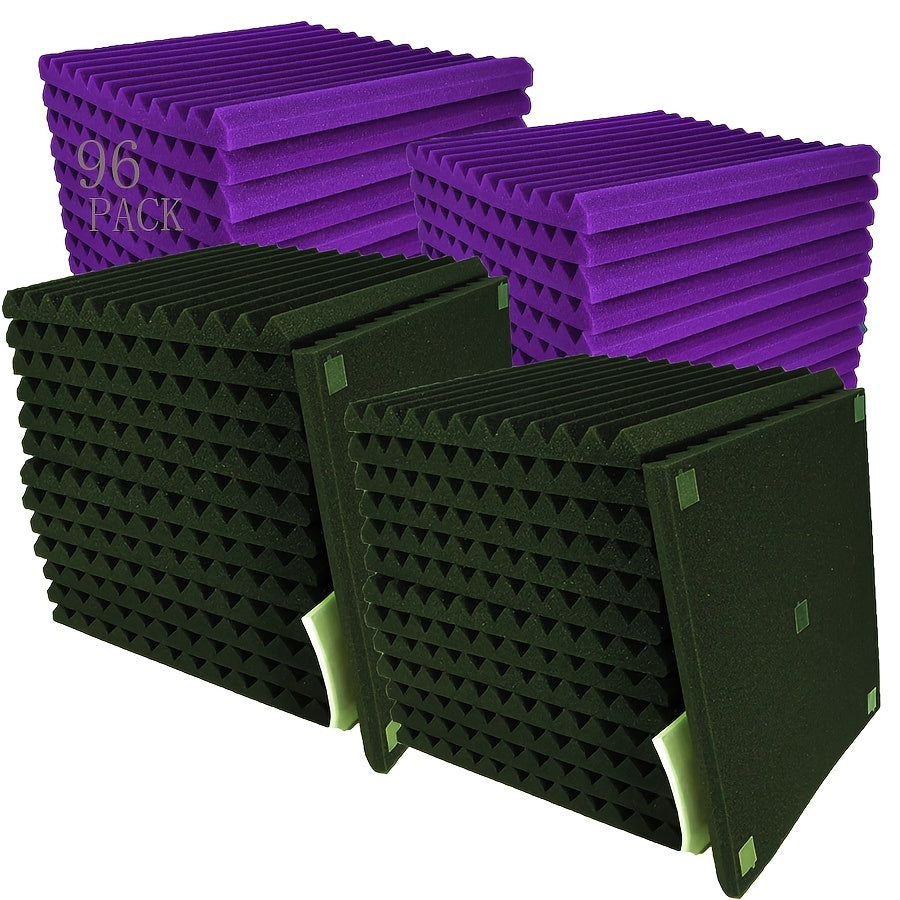 96 black and purple acoustic foam panels (12" X 12" X 1"/30cm X 30cm X 2.5cm) with double-sided adhesive tape for sound absorption in studios.