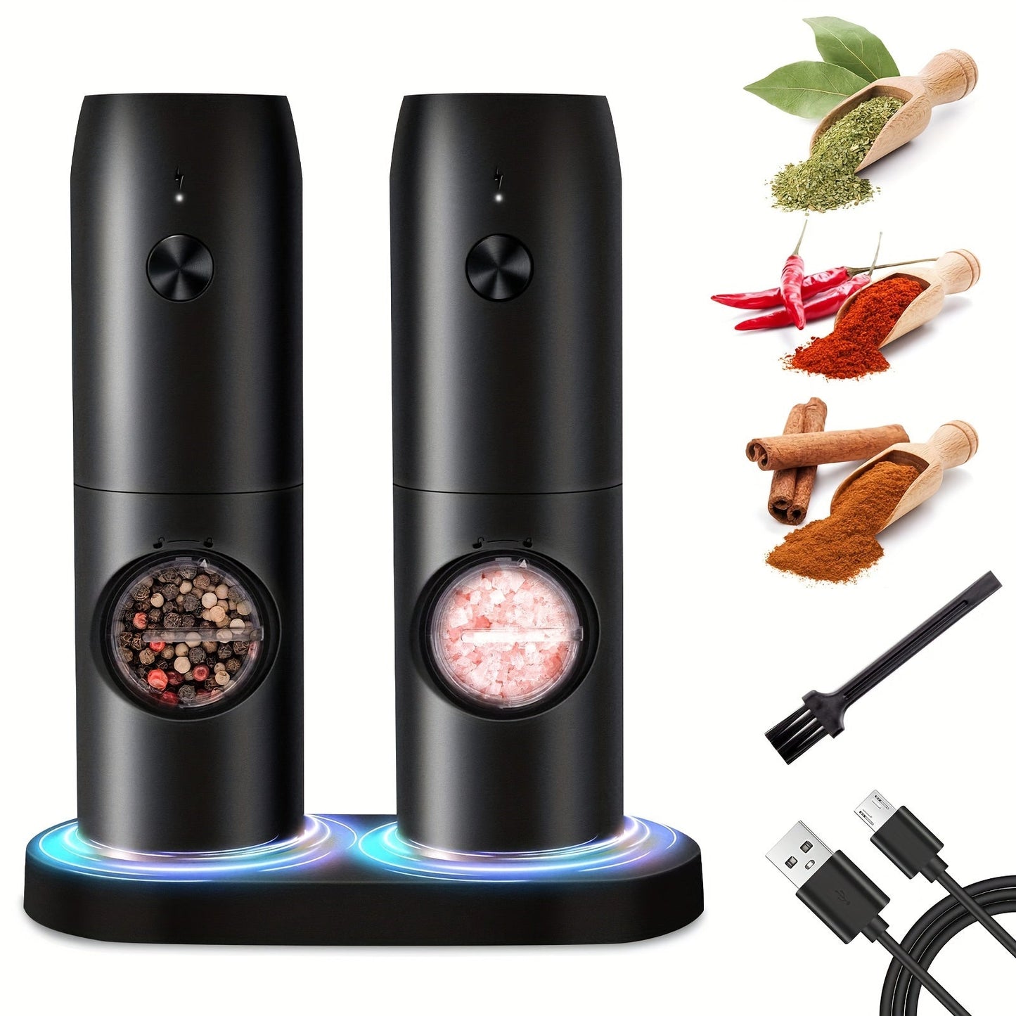 Get a set of two rechargeable electric salt and pepper grinders with adjustable coarseness levels. These spice mills come with a built-in lithium battery that can be easily charged with a USB cable. Made of durable plastic, they are perfect for holiday