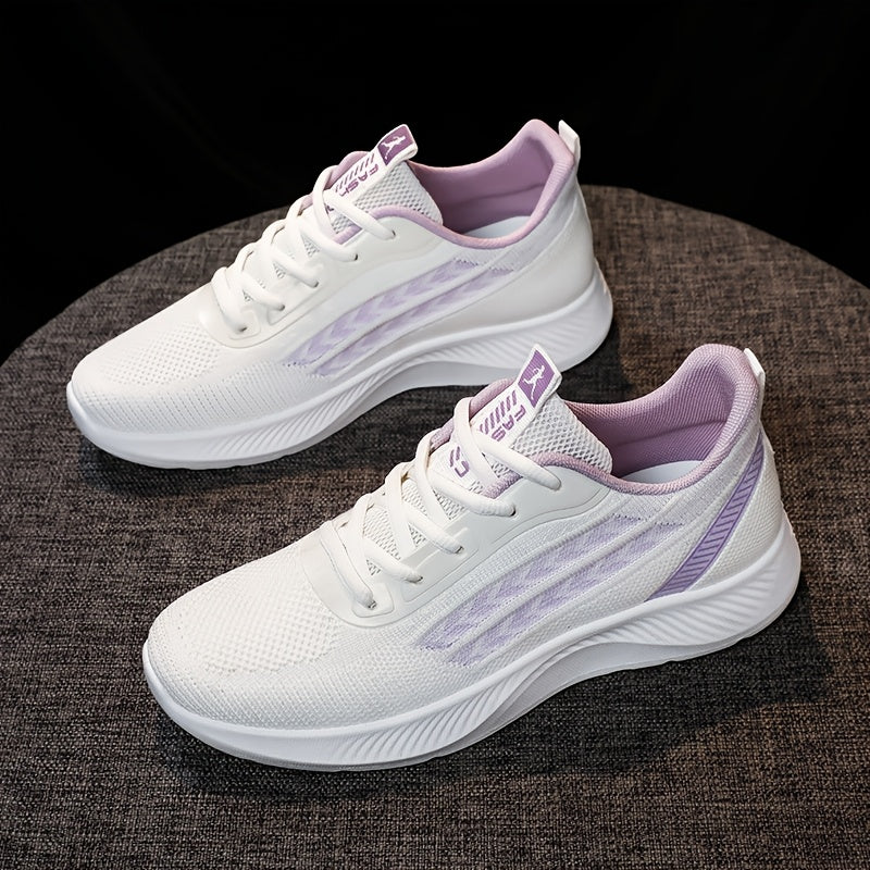 Breathable mesh running shoes for women with lightweight design, lace-up closure, fabric upper, and PU sole.