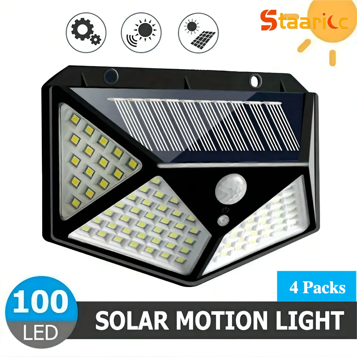 4-Pack of Staaricc Solar Motion Lights with 100 LED bulbs, 3 modes, IPX-4 water-resistant, solar powered for outdoor lighting.