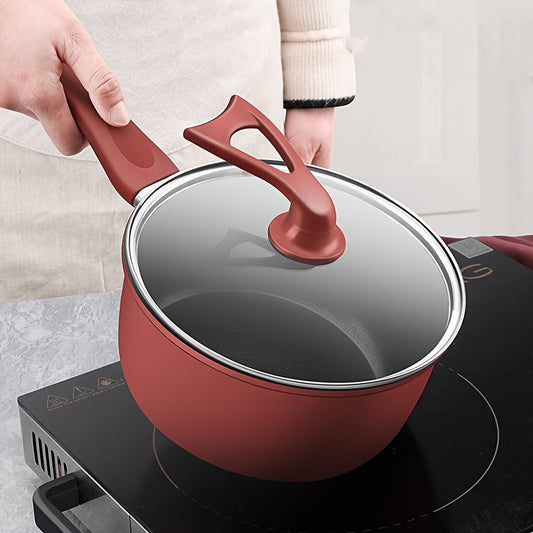 18cm Cast Iron Saucepan with Glass Lid - Non-Stick Pot for Cooking Ramen, Versatile and Induction Compatible Saucepan, No Electricity Needed