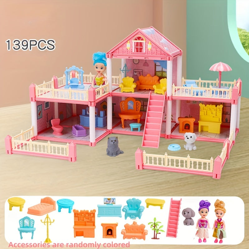 Girl playing with a dollhouse toy set in a children's simulation room, resembling a princess castle villa; ideal as a birthday gift.