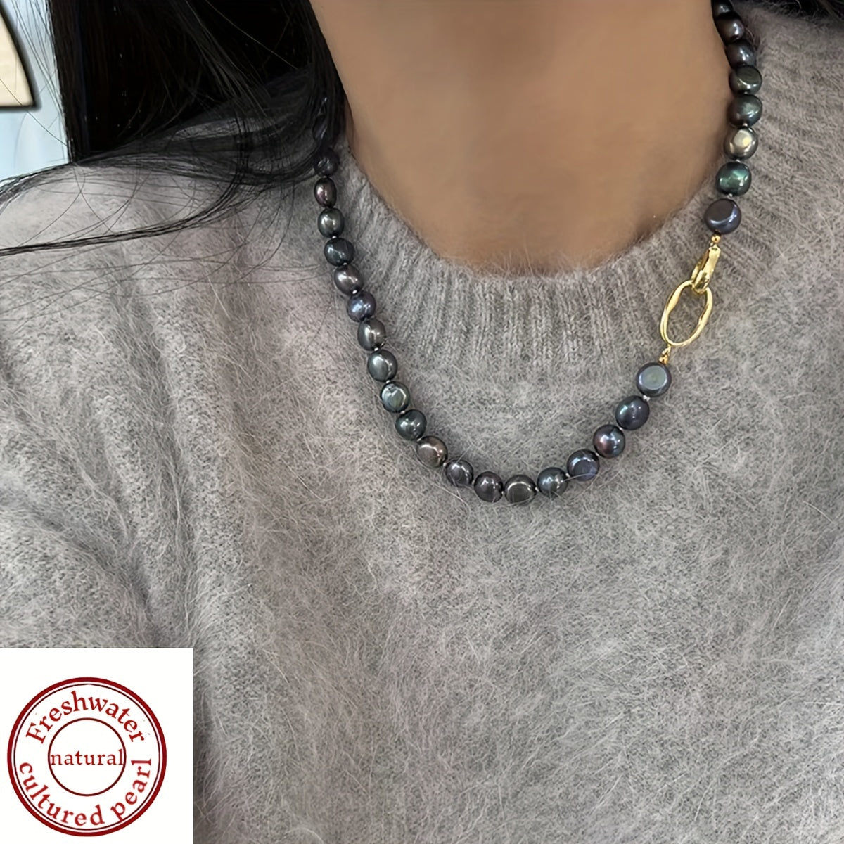 This necklace features a beautiful, natural freshwater cultured pearl measuring 7-9MM in a stunning blue-black hue. The clavicle length necklace is designed for women and showcases irregular baroque pearls with a unique texture and shape. Each pearl is