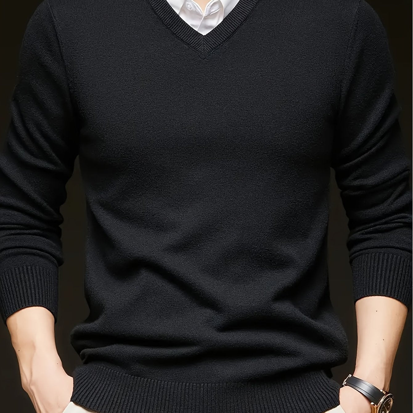 Solid color V-neck knit sweater for men, casual trendy long sleeve pullover, great as a gift.