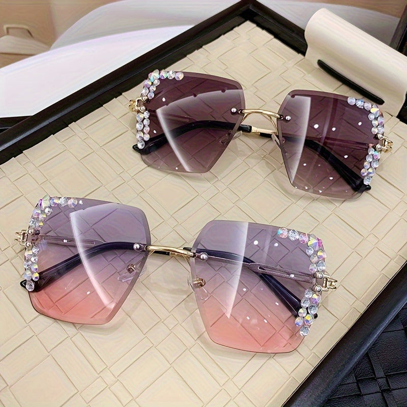 2 rhinestone rimless fashion glasses for women with gradient lenses, metal frames, and casual yet fashionable design.