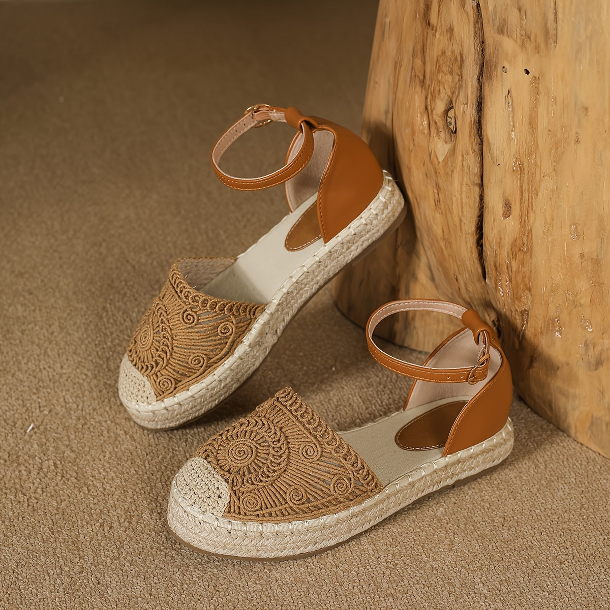 Women's straw woven platform sandals with closed toe and ankle straps, perfect for vacation.