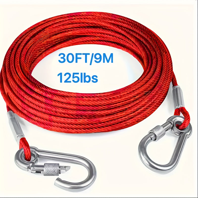 Durable stainless steel dog tie-out cable leash for large dogs, available in 4.57m, 9.14m, and 15.24m lengths. Suitable for breeds up to 113.4KG, with secure clamps and a no-pull