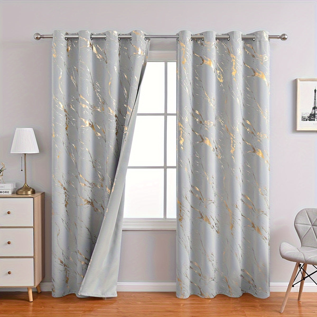 Two pieces of bronzed marble print curtains for bedroom and living room. These blackout and sunscreen curtains are great for home decor.