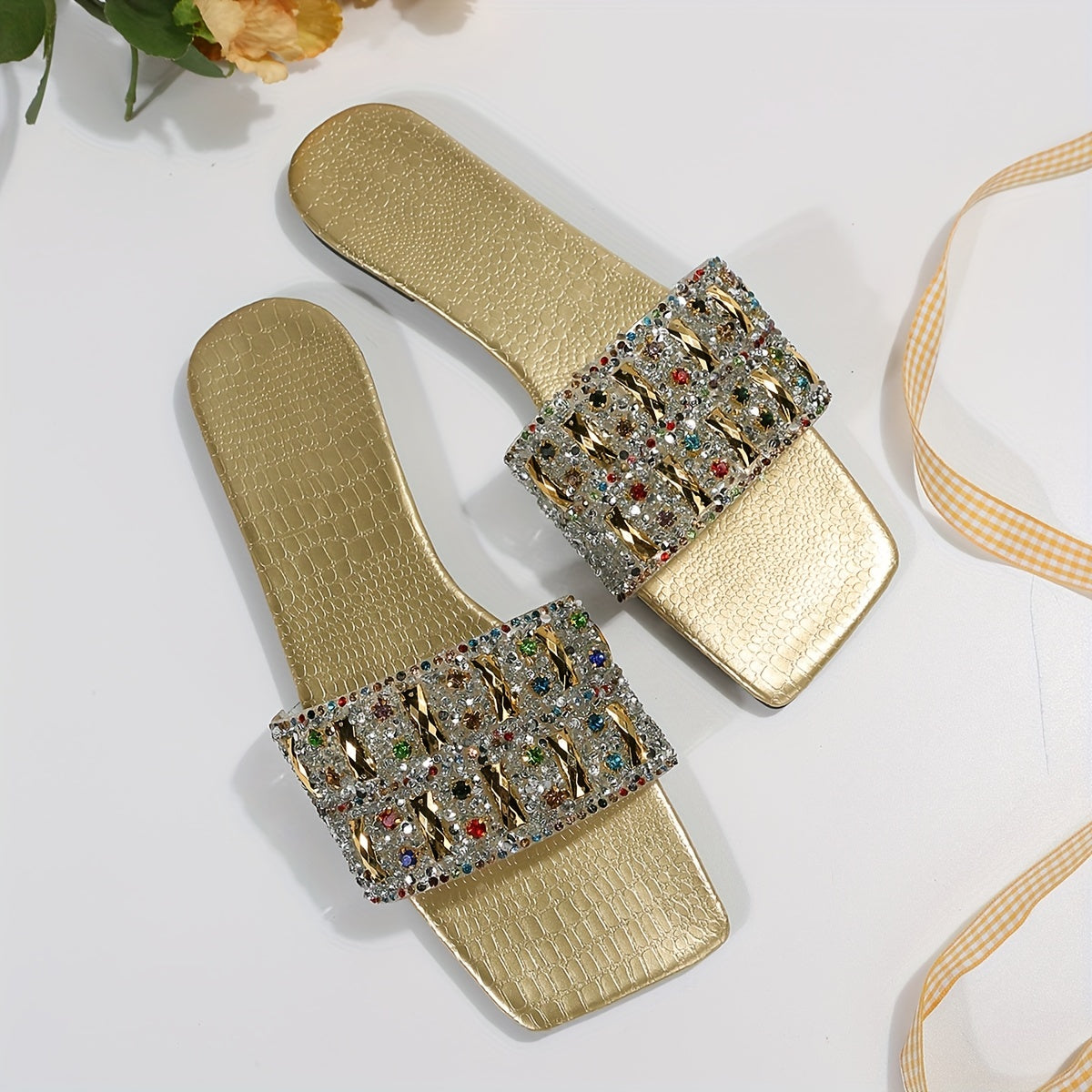 Women's Rhinestone Slide Sandals with Square Toe and Flat Sole