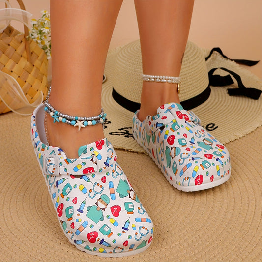 Women's fun cartoon-print clogs - breathable, lightweight, non-slip design for beach and casual wear.