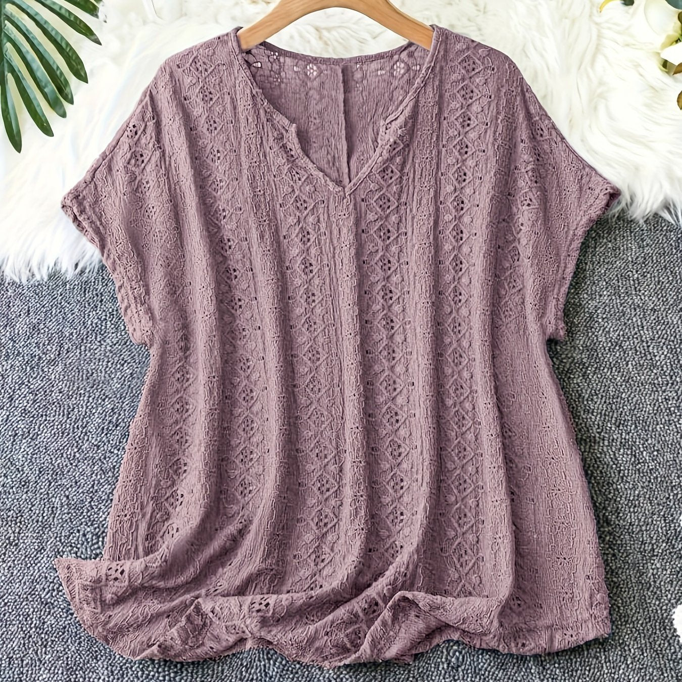 Stylish V-Neck Blouse with Batwing Sleeves in Dark Purple - Casual, Semi-Sheer Top for Any Season