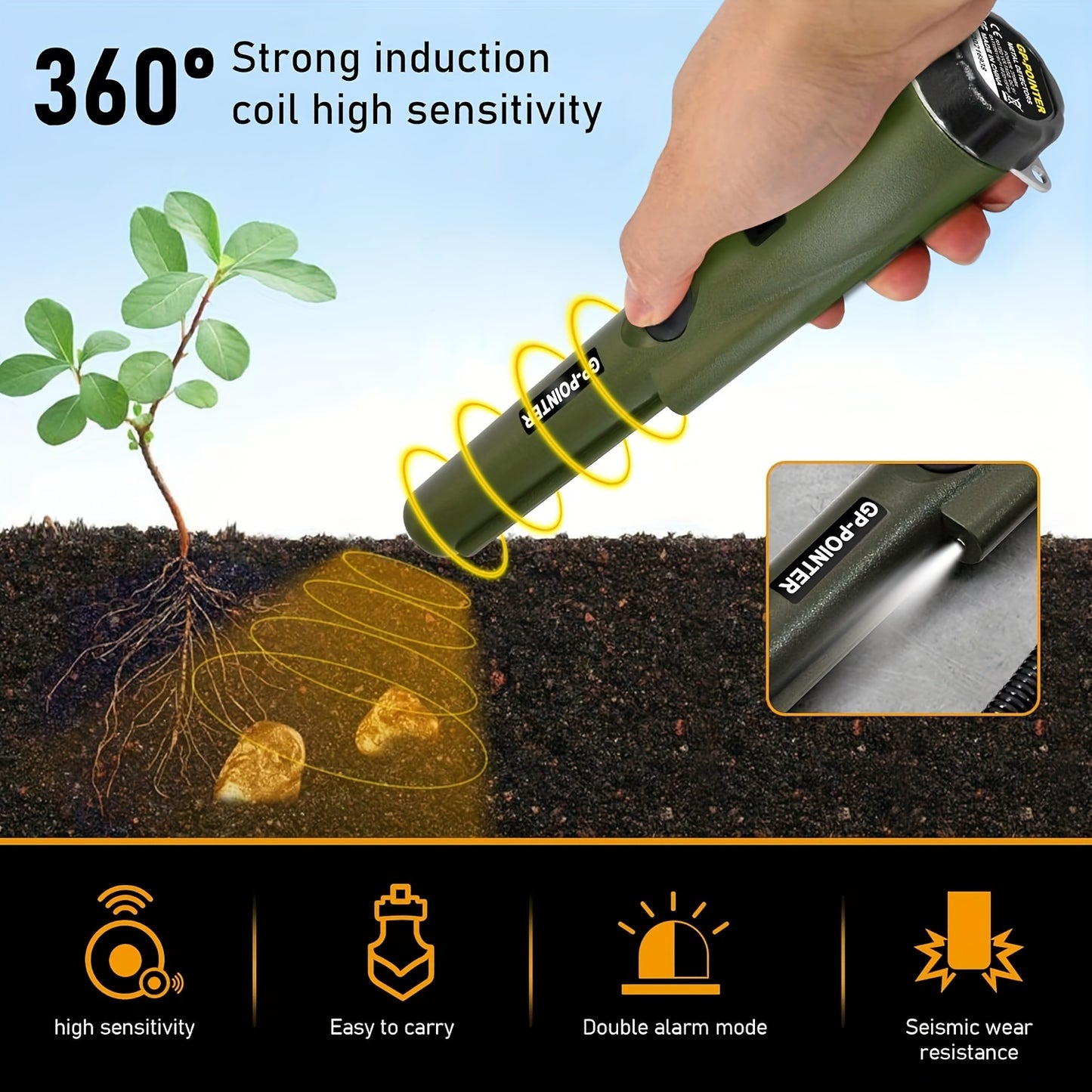 Portable metal detector wand with high sensitivity, 360° search capability, includes belt holster, made of plastic, battery operated (batteries not included), ideal for finding golden coins